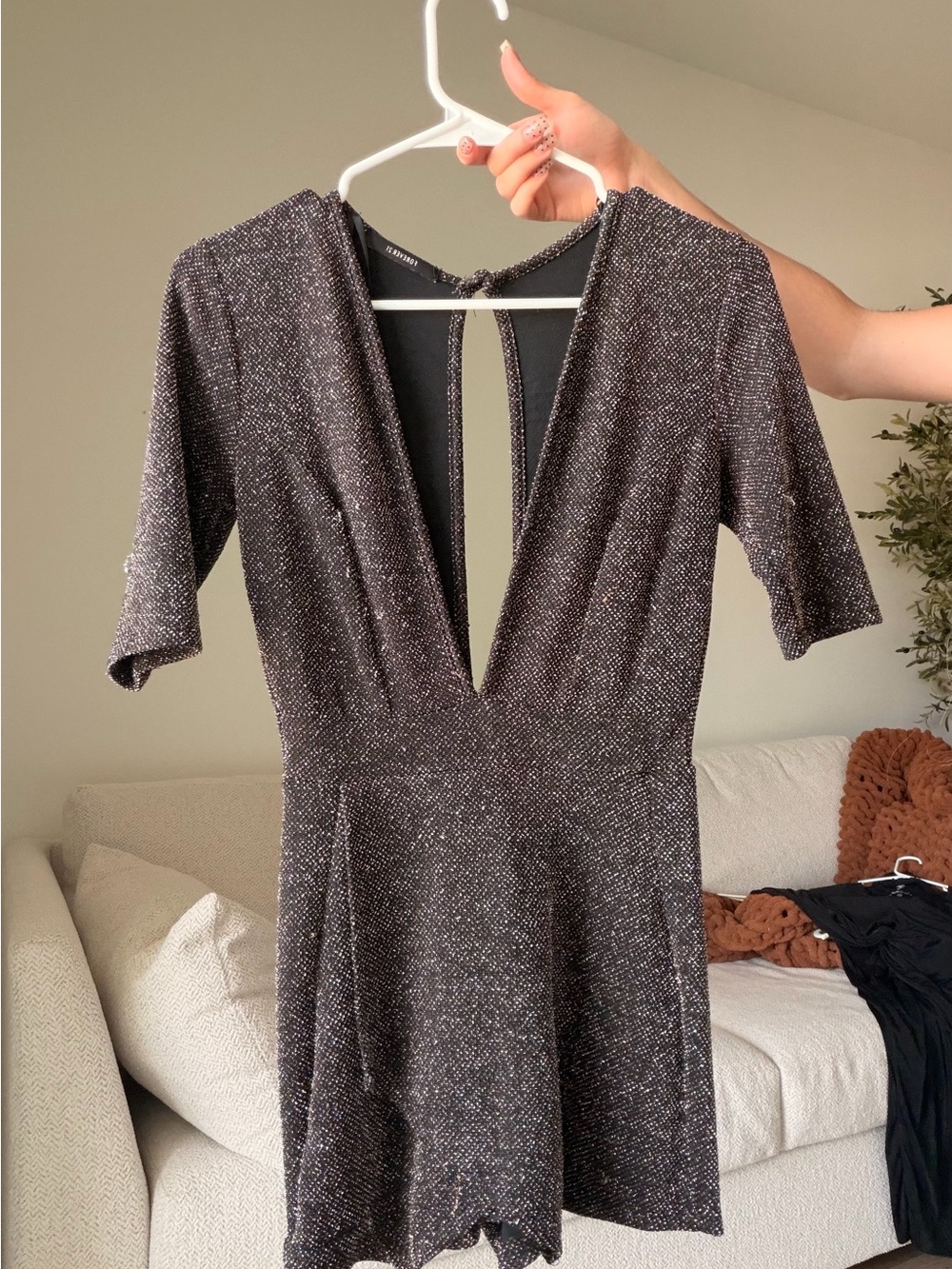 Forever 21 Sparkle Deep V-Neck Mini Dress - Black with Silver Thread